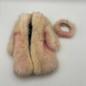 Vintage Miniature Pink Faux Fur Barbie Doll Coat Headband Set Lara's??